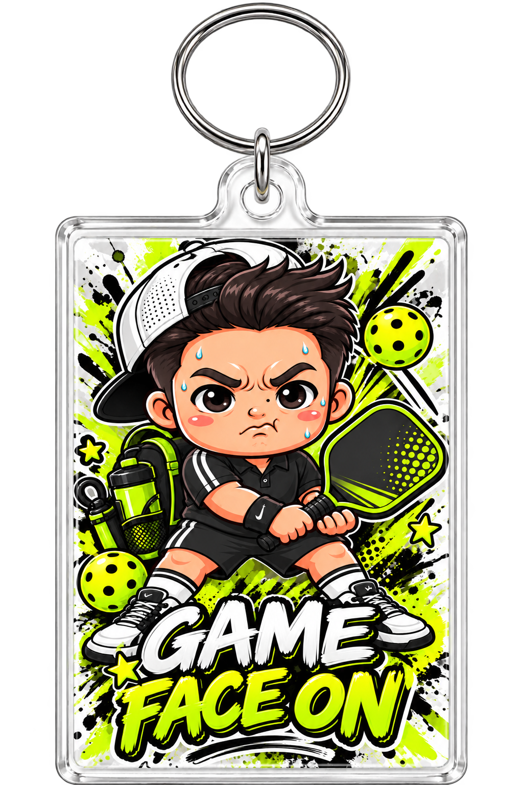 Lime green Game Face On pickleball keychain